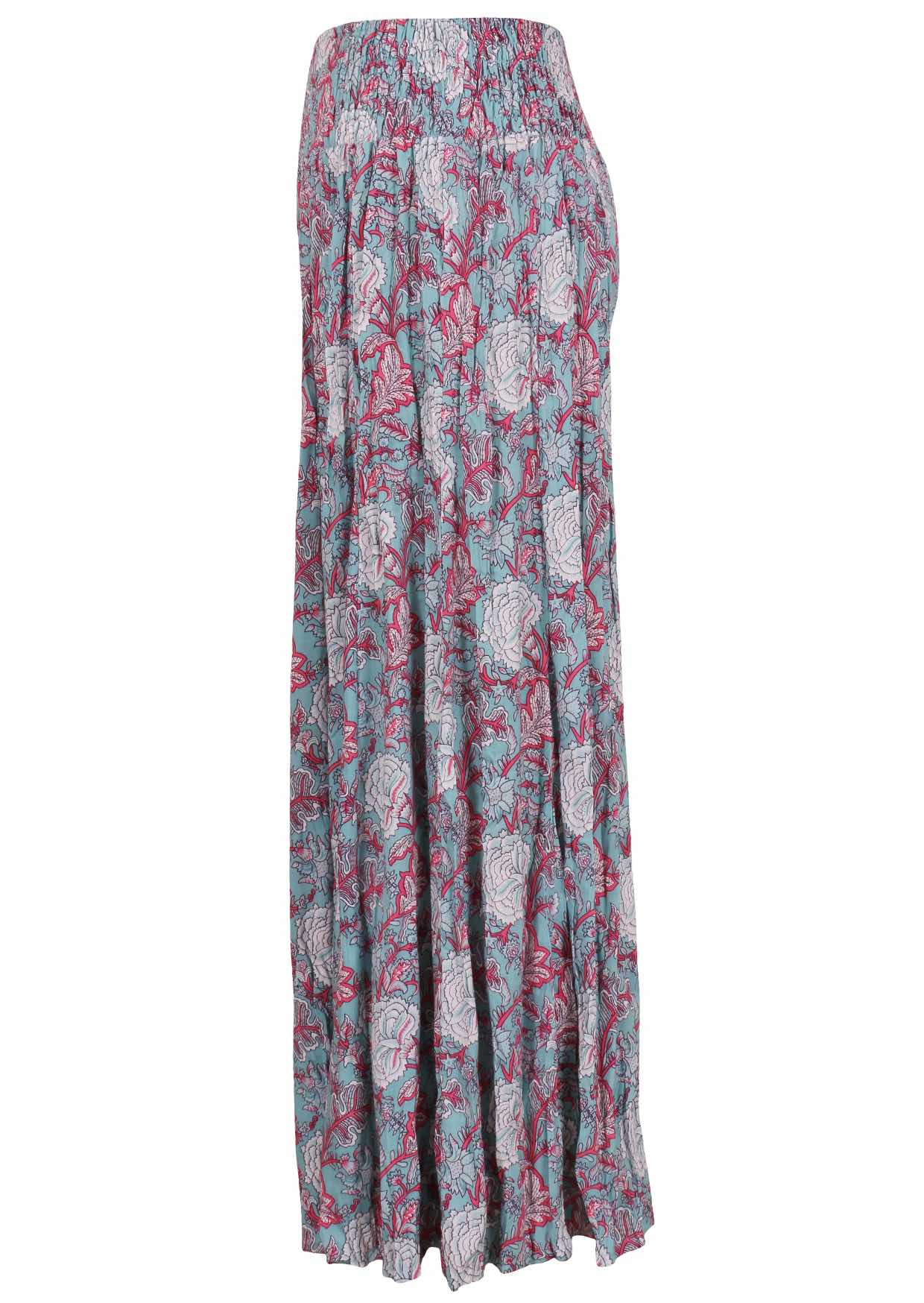 Blue based pink and white floral print rayon pant on a white background.