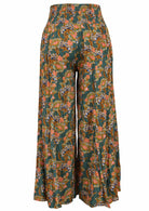 green wide legged floral pants with shirred elastic waist back view