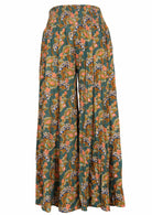 green wide legged floral pants with shirred elastic waist front view