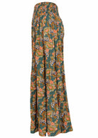 green wide legged floral pants with shirred elastic waist side view