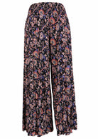 Indian print dark rayon wide leg pants with shirred waist band back view