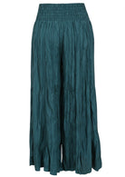 Back of teal wide leg woven rayon pants with a wide ruched waistband for extra comfort