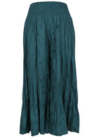 Teal wide leg woven rayon pants with a wide ruched waistband for extra comfort