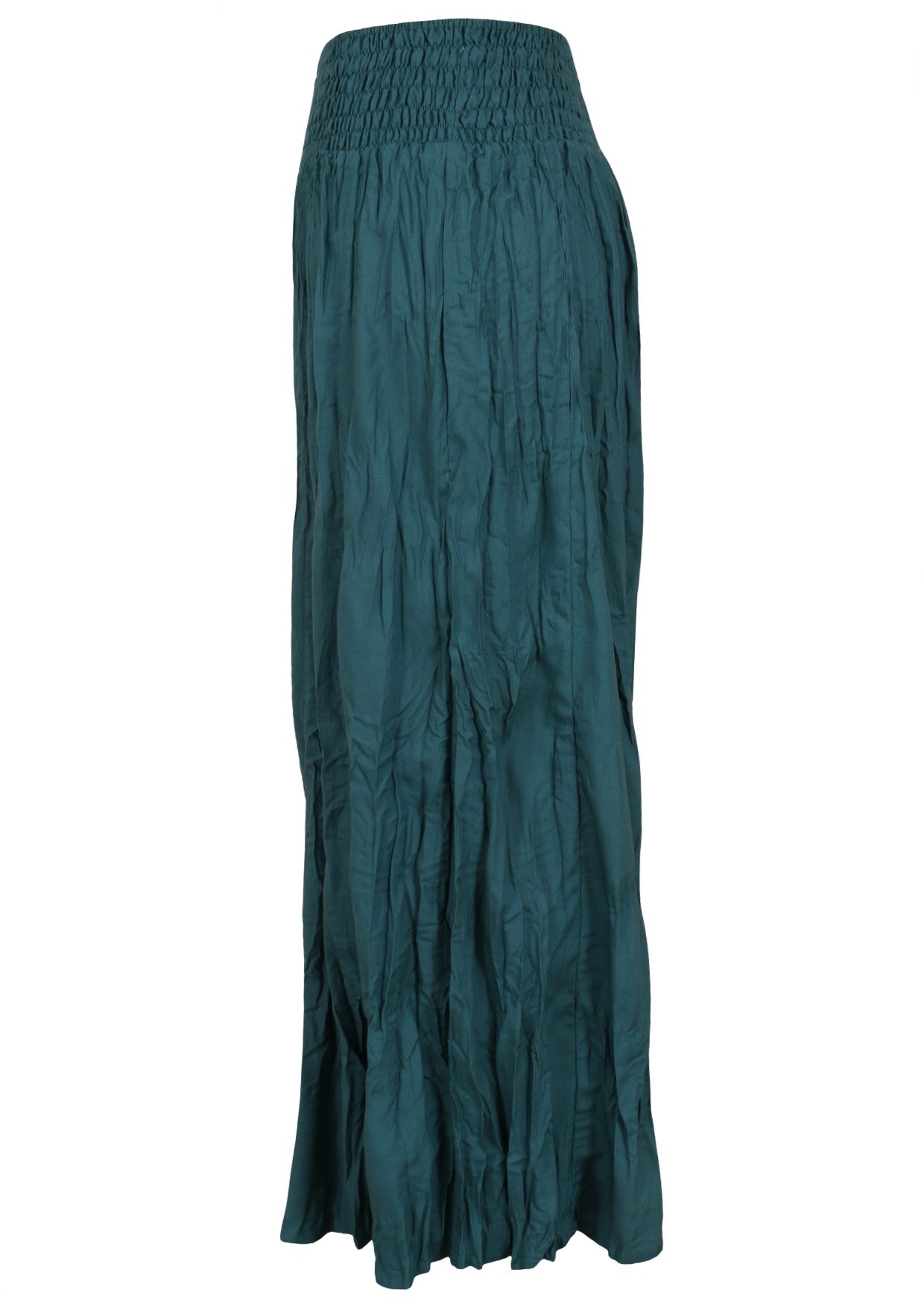 Side of teal wide leg woven rayon pants with a wide ruched waistband for extra comfort