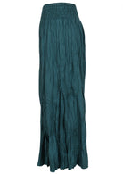 Side of teal wide leg woven rayon pants with a wide ruched waistband for extra comfort