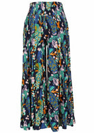 Wide leg rayon pants with a wide shirred waistband, in multicoloured floral and peacock print