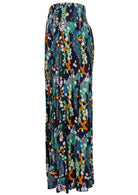 Side of wide leg rayon pants with a wide shirred waistband, in multicoloured floral and peacock print