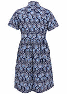 Back view of blue tulip print on dark blue base cotton relaxed fit collared short sleeve dress