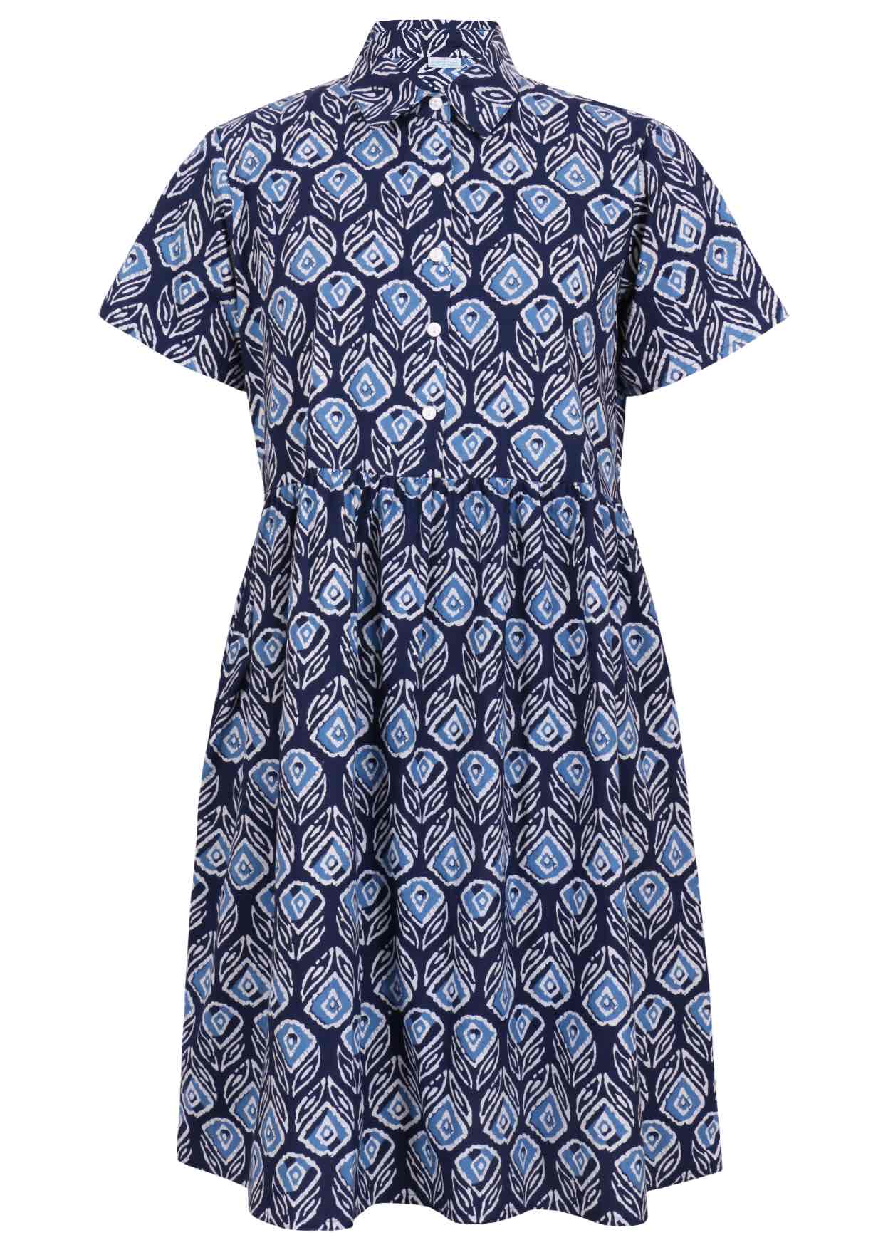 Blue Tulip print on dark blue base cotton relaxed fit collared short sleeve dress