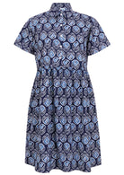 Blue Tulip print on dark blue base cotton relaxed fit collared short sleeve dress