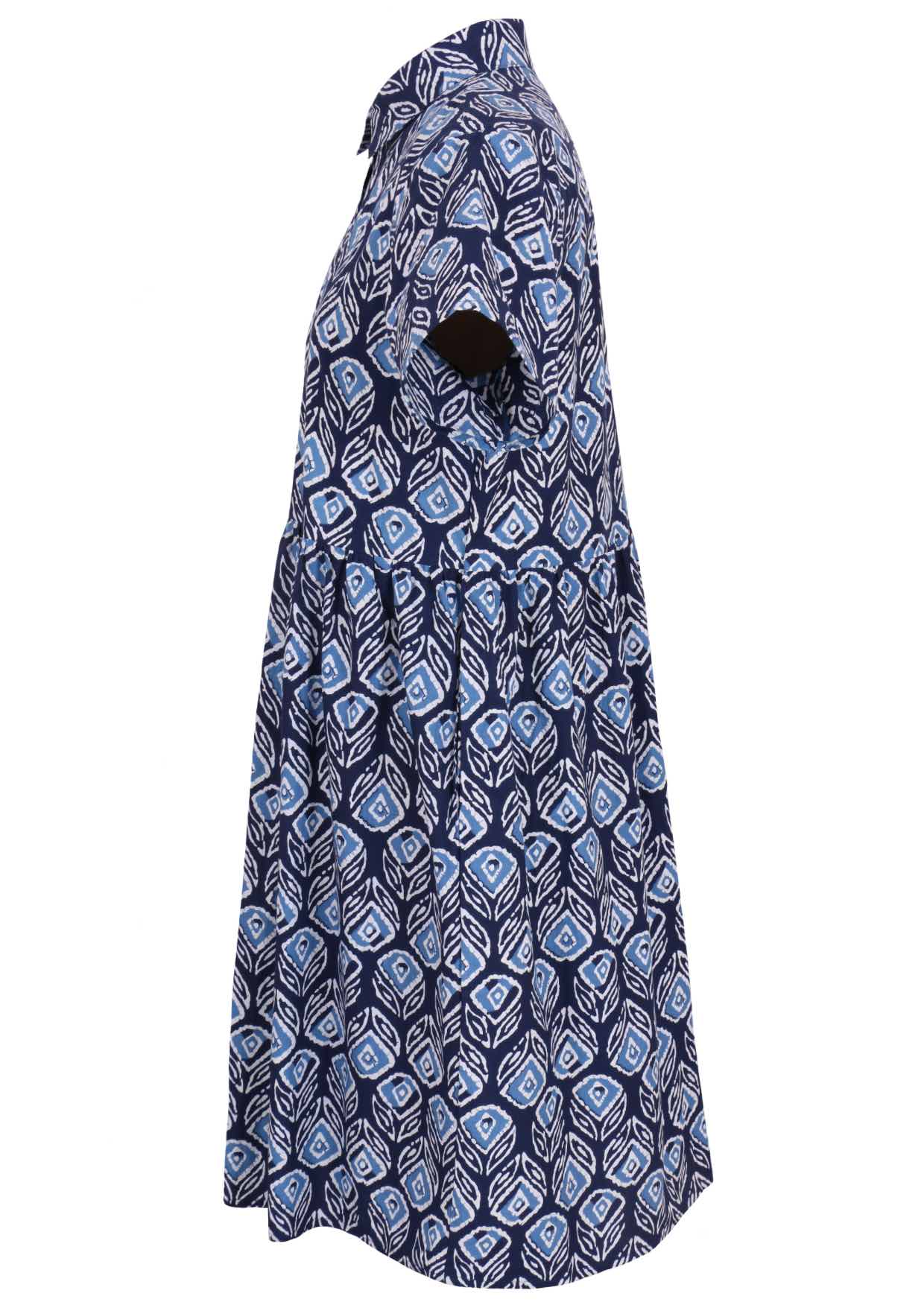 Side view of blue tulip print on dark blue base cotton relaxed fit collared short sleeve dress with hidden side pockets