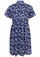 Clematis print on dark blue base cotton relaxed fit collared short sleeve dress