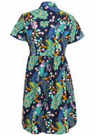 Back view of peacock print on dark blue base cotton relaxed fit collared short sleeve dress