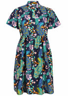 Peacock print on dark blue base cotton relaxed fit collared short sleeve dress