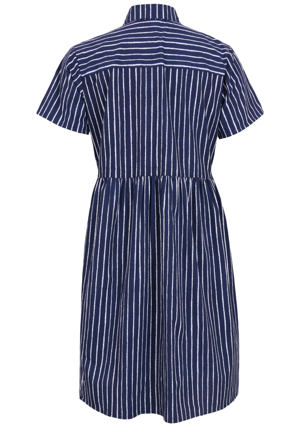 Back view of shikari print on dark blue base cotton relaxed fit collared short sleeve dress