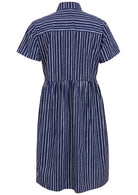Back view of shikari print on dark blue base cotton relaxed fit collared short sleeve dress