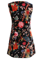 Back view of black based multi-coloured floral print cotton velvet sleeveless tunic with side zip