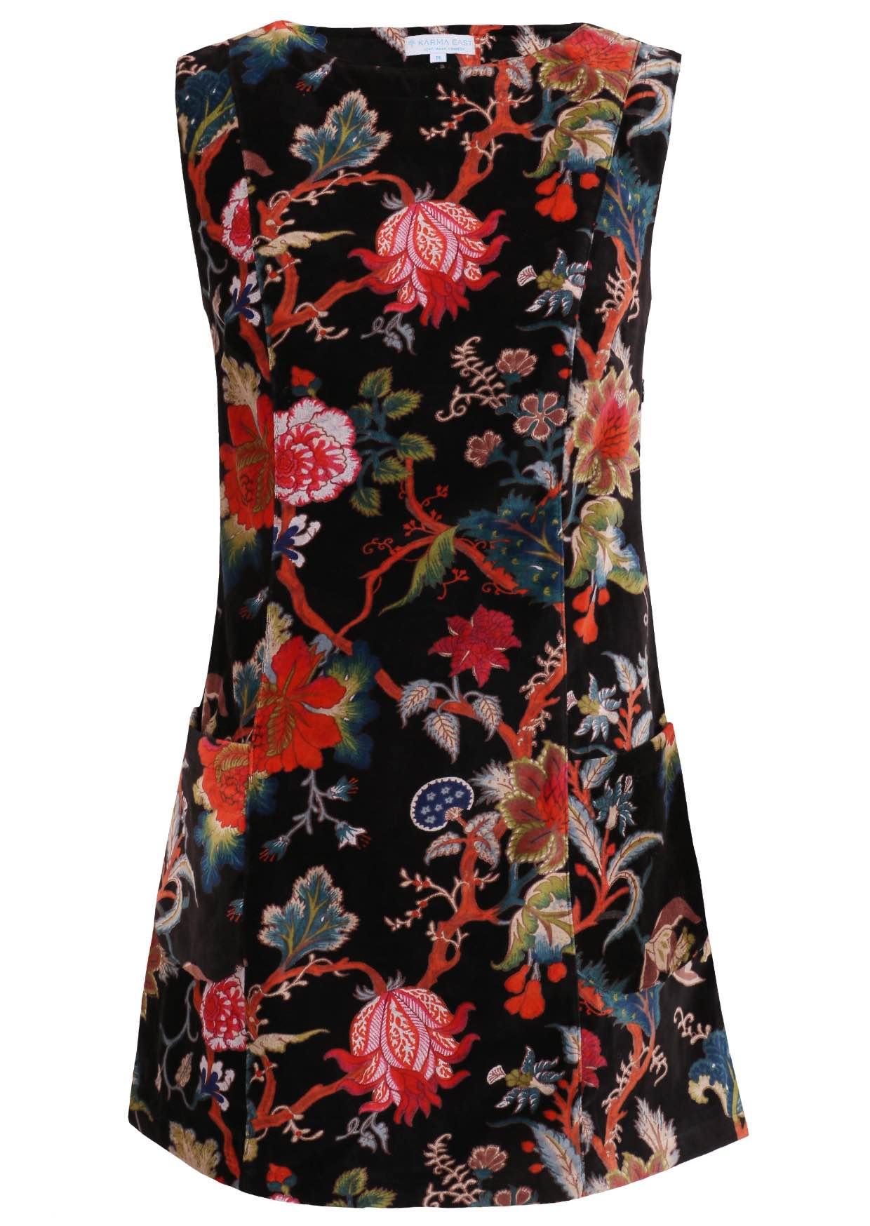 Black based multi-coloured floral print cotton velvet sleeveless tunic with pockets
