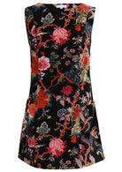 Black based multi-coloured floral print cotton velvet sleeveless tunic with pockets