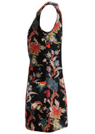 Side view of black based multi-coloured floral print cotton velvet sleeveless tunic with pockets and side zip