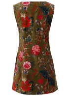 Back view of moss green based multi-coloured floral print cotton velvet sleeveless tunic with side zip