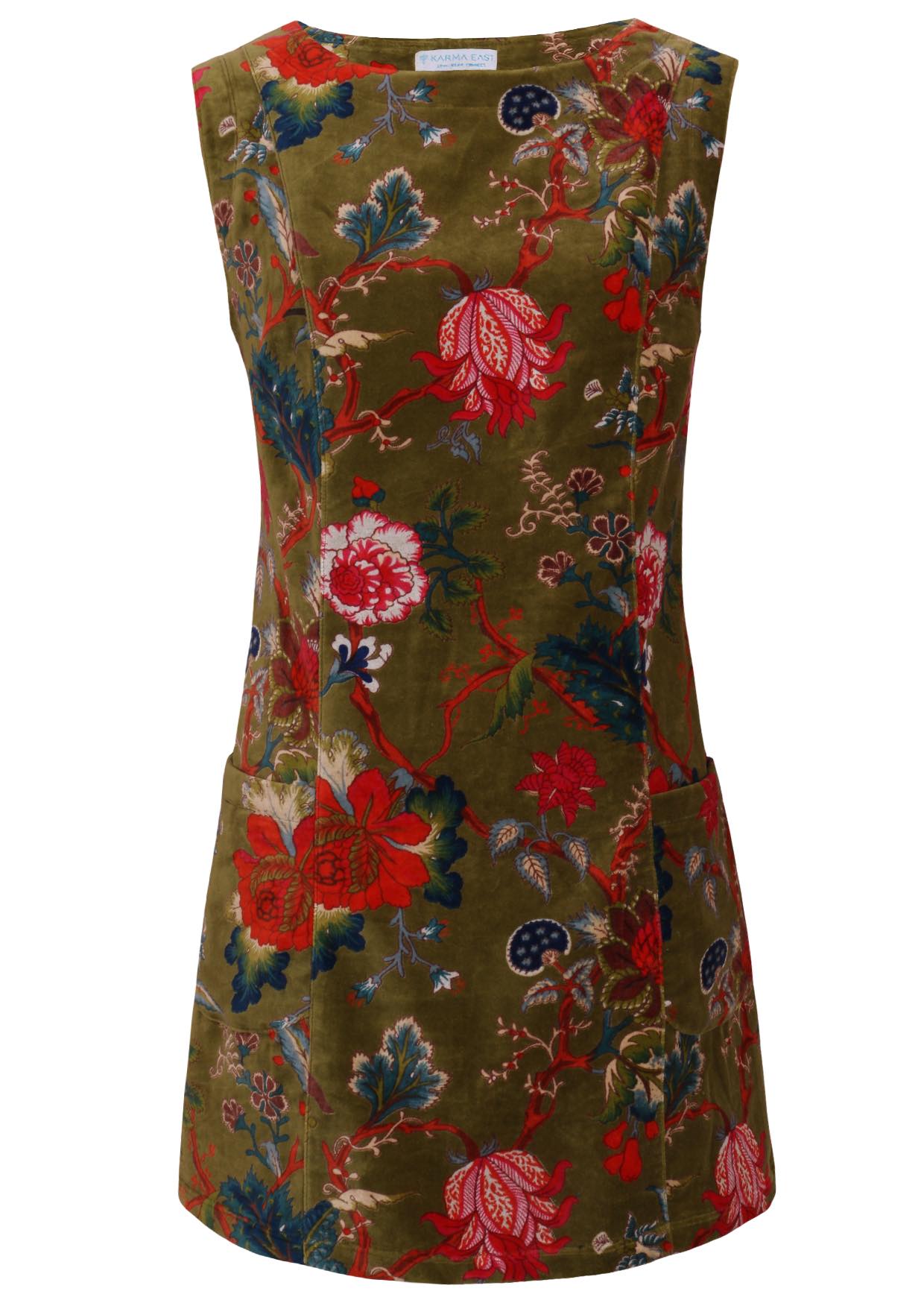 Moss green based multi-coloured floral print cotton velvet sleeveless tunic with pockets