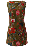 Moss green based multi-coloured floral print cotton velvet sleeveless tunic with pockets