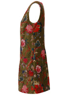 Side view of moss green based multi-coloured floral print cotton velvet sleeveless tunic with pockets and side zip