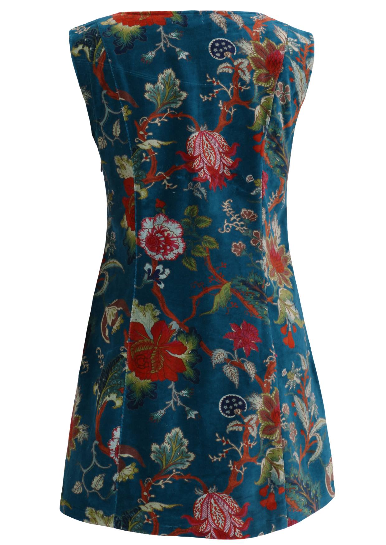 Back view of deep teal based multi-coloured floral print cotton velvet sleeveless tunic with side zip