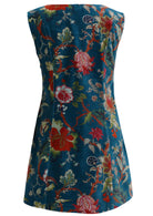 Back view of deep teal based multi-coloured floral print cotton velvet sleeveless tunic with side zip