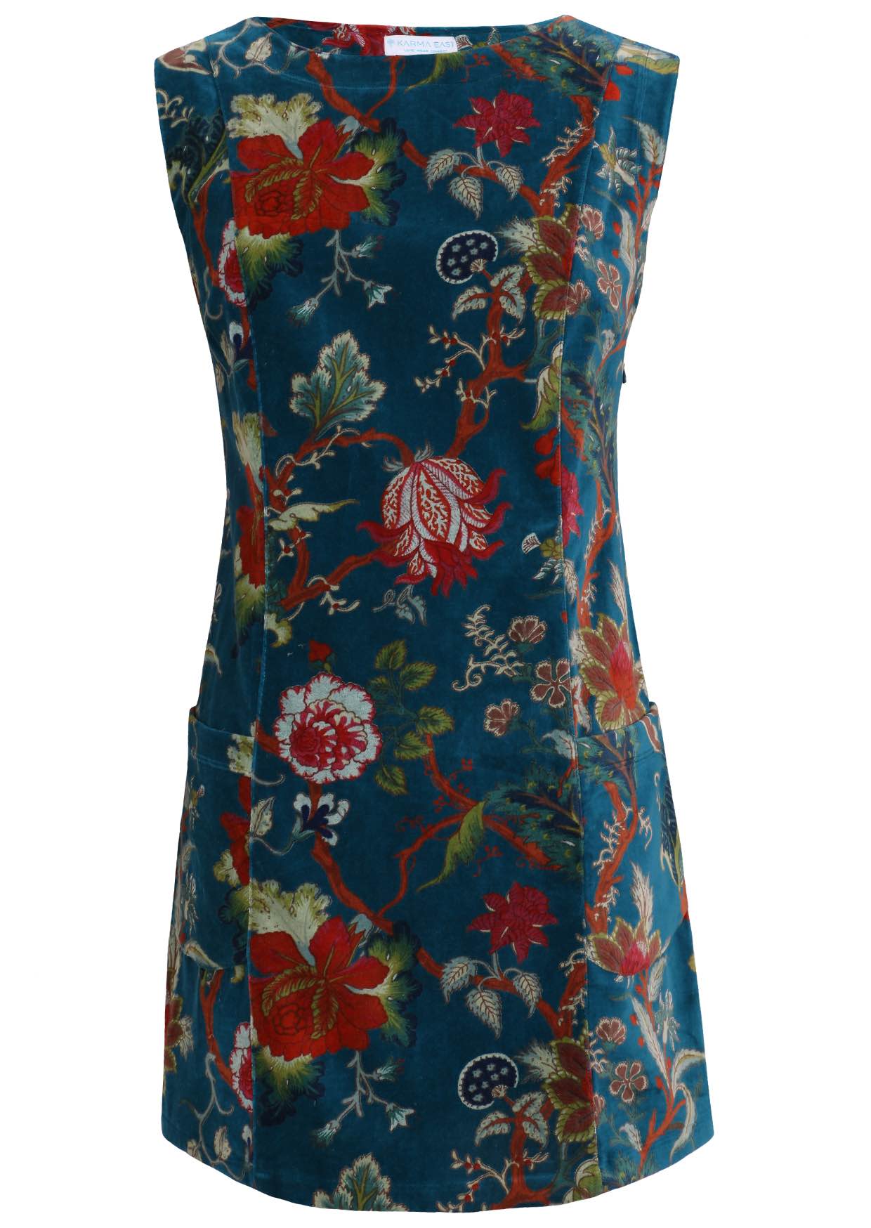Deep teal based multi-coloured floral print cotton velvet sleeveless tunic with pockets