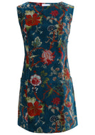 Deep teal based multi-coloured floral print cotton velvet sleeveless tunic with pockets