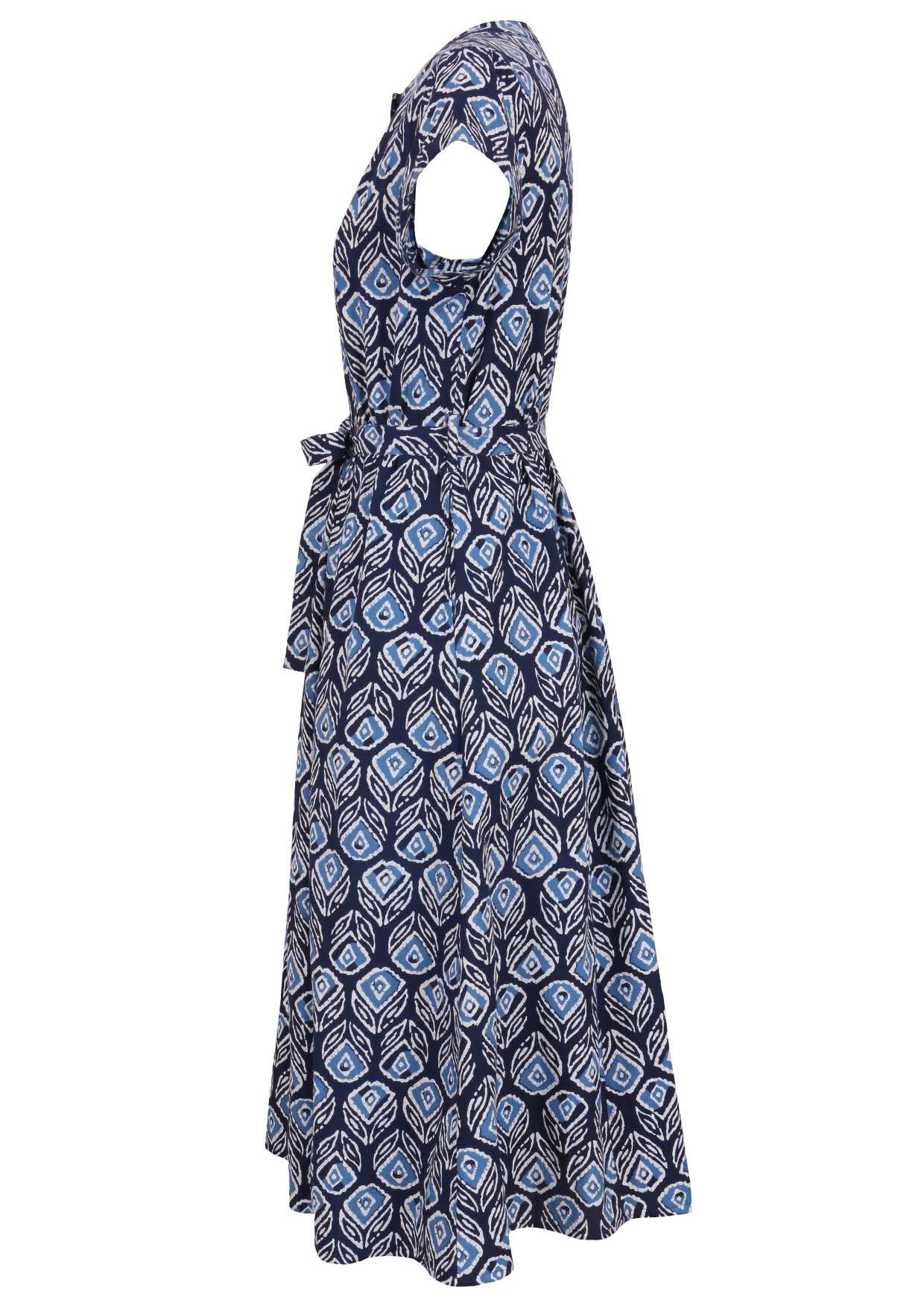 Side view of 50's style cotton button through midi length dress with a waist tie and hidden side pockets
