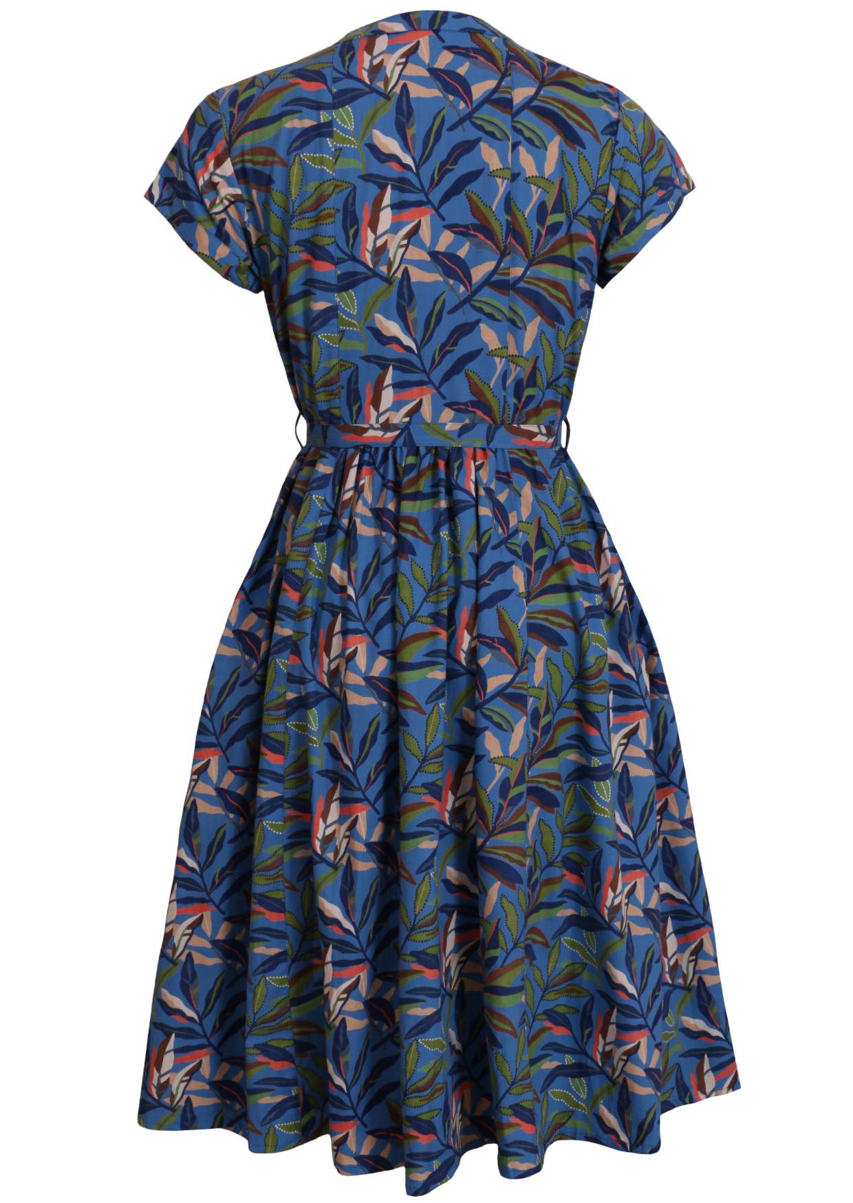 Blue cotton leafy button down maxi dress with Mandarin neck collar and waist tie back view