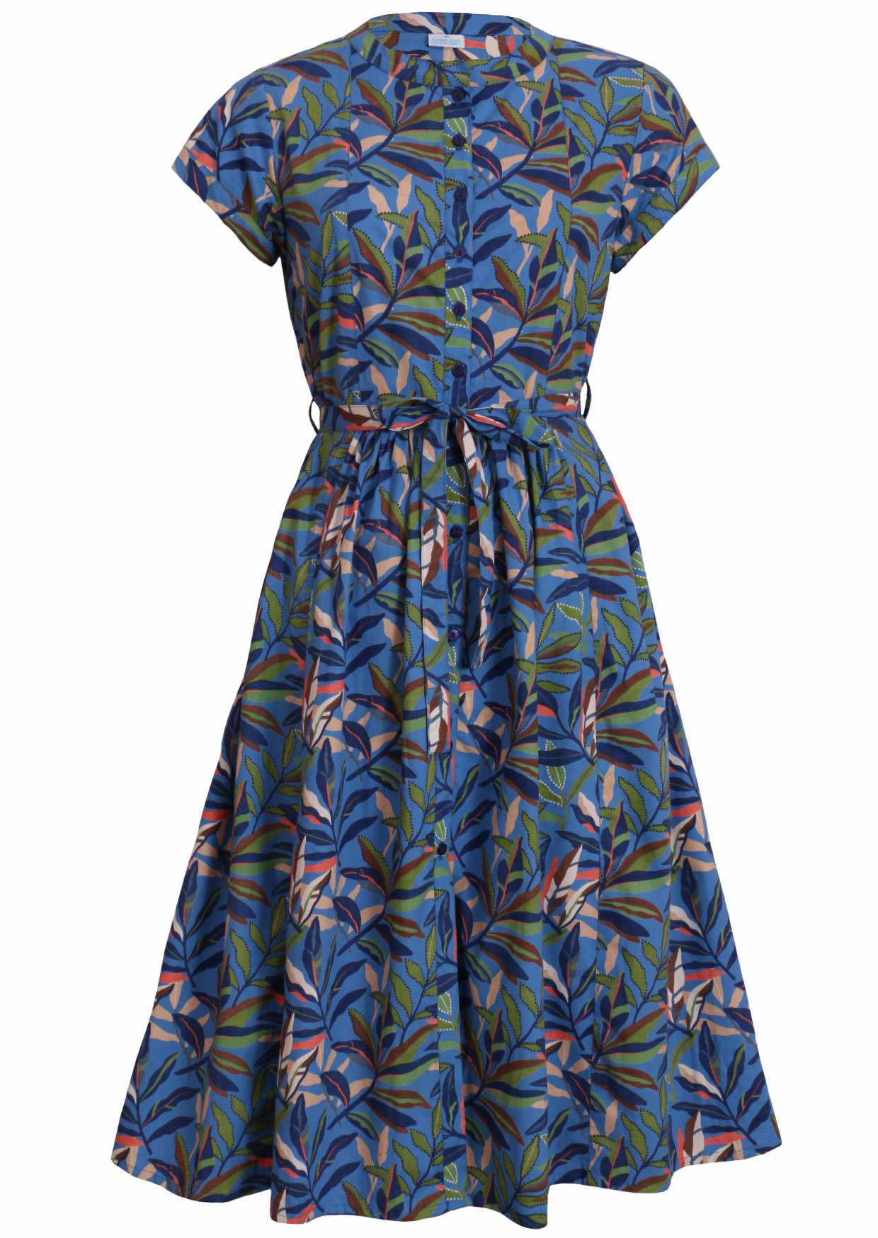 Blue cotton leafy button down maxi dress with Mandarin neck collar and waist tie front view