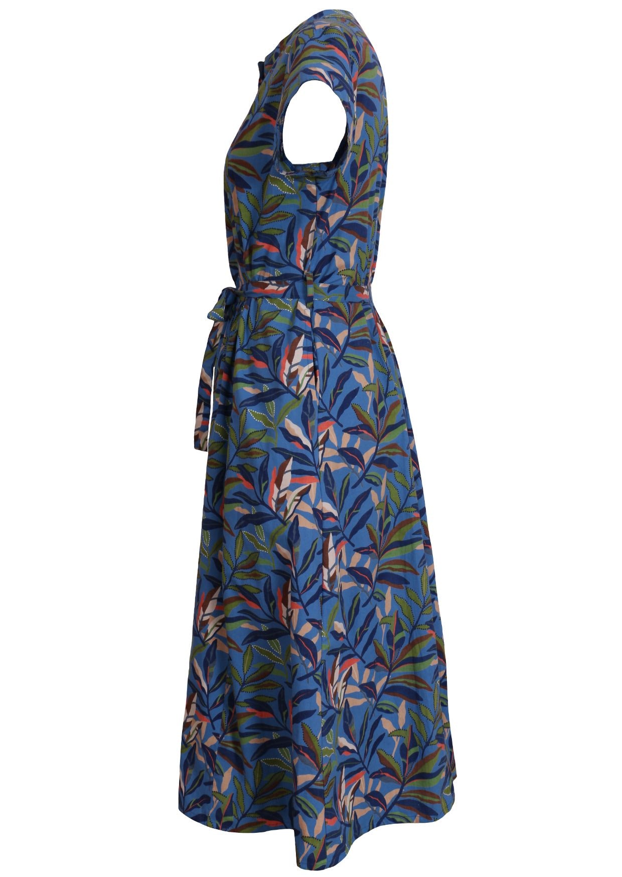 Blue cotton leafy button down maxi dress with Mandarin neck collar and waist tie side view