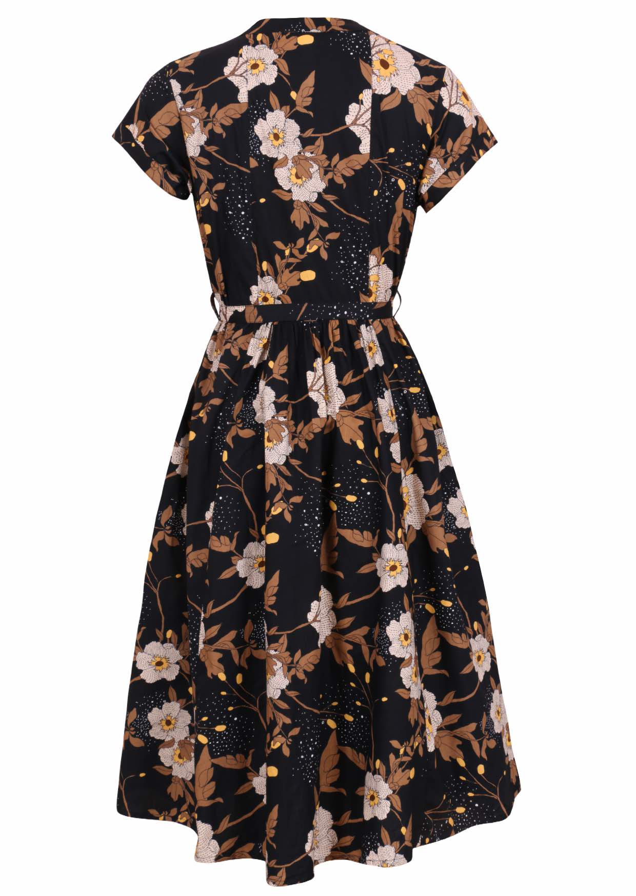 Back view of 50's style cotton midi length dress with a waist tie and cap sleeves