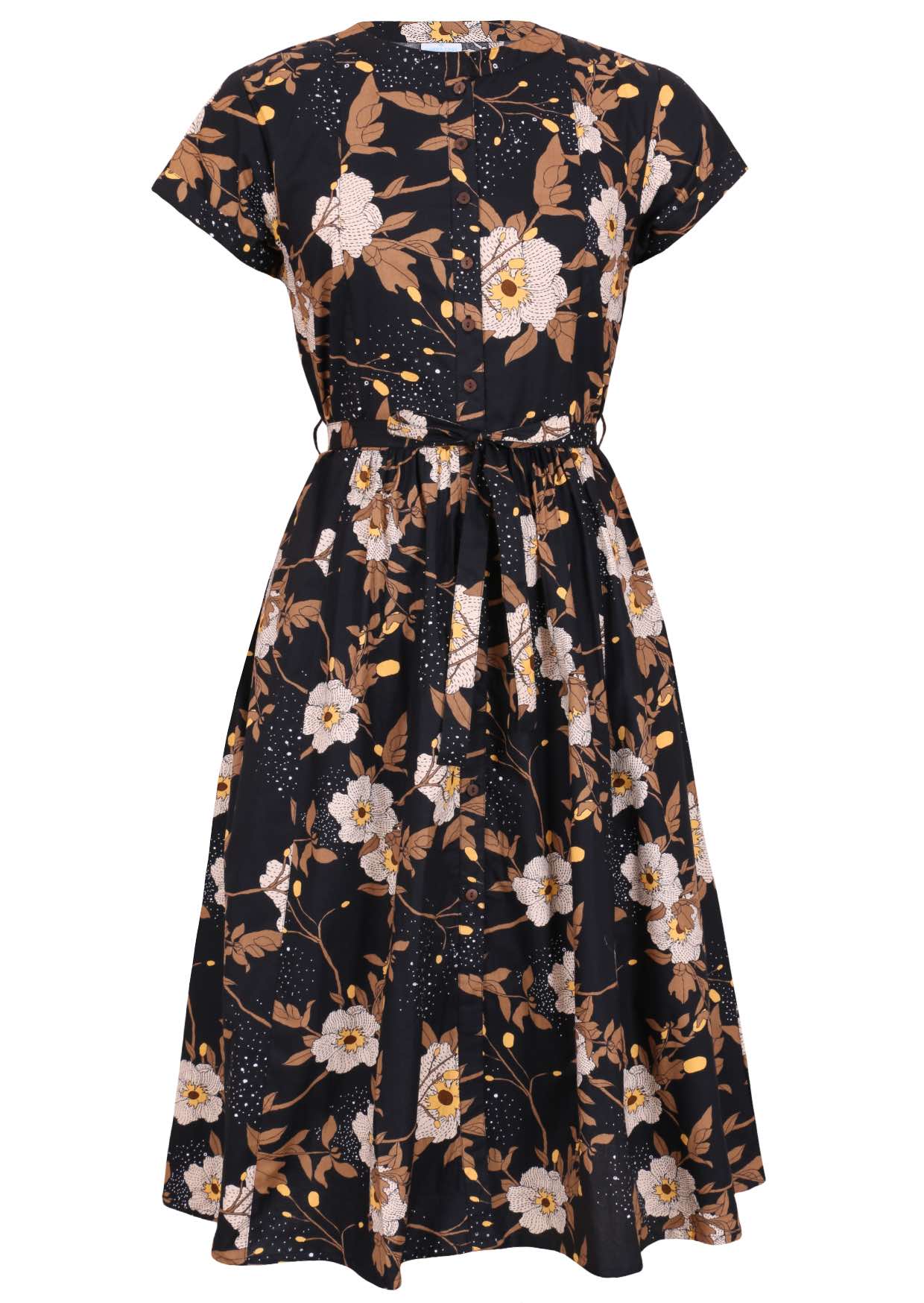 50's style cotton button through midi length dress with a waist tie