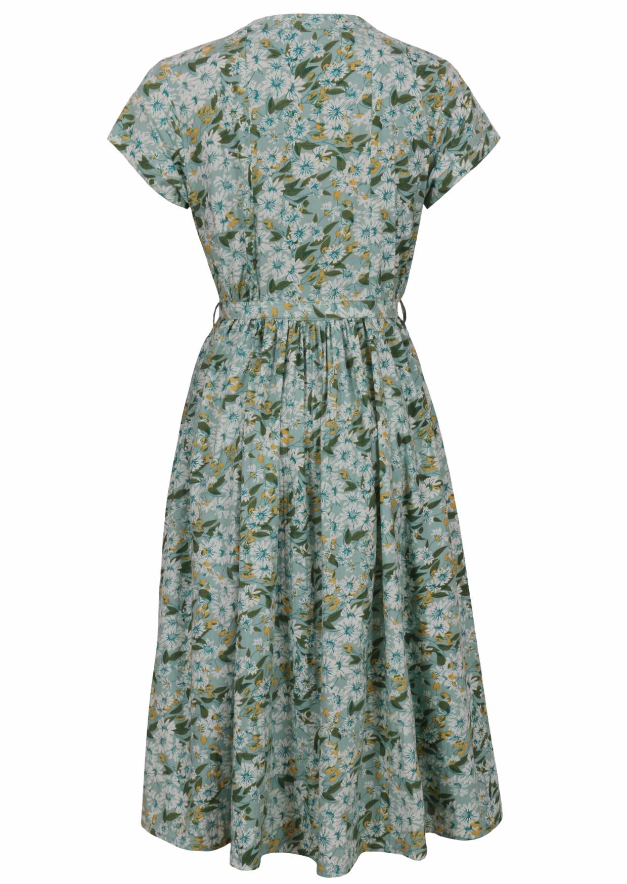 Back view of 50's style cotton midi length dress with a waist tie and cap sleeves