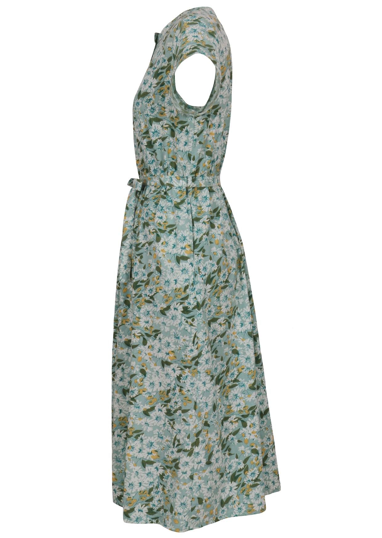 Side view of 50's style cotton button through midi length dress with a waist tie and hidden side pockets