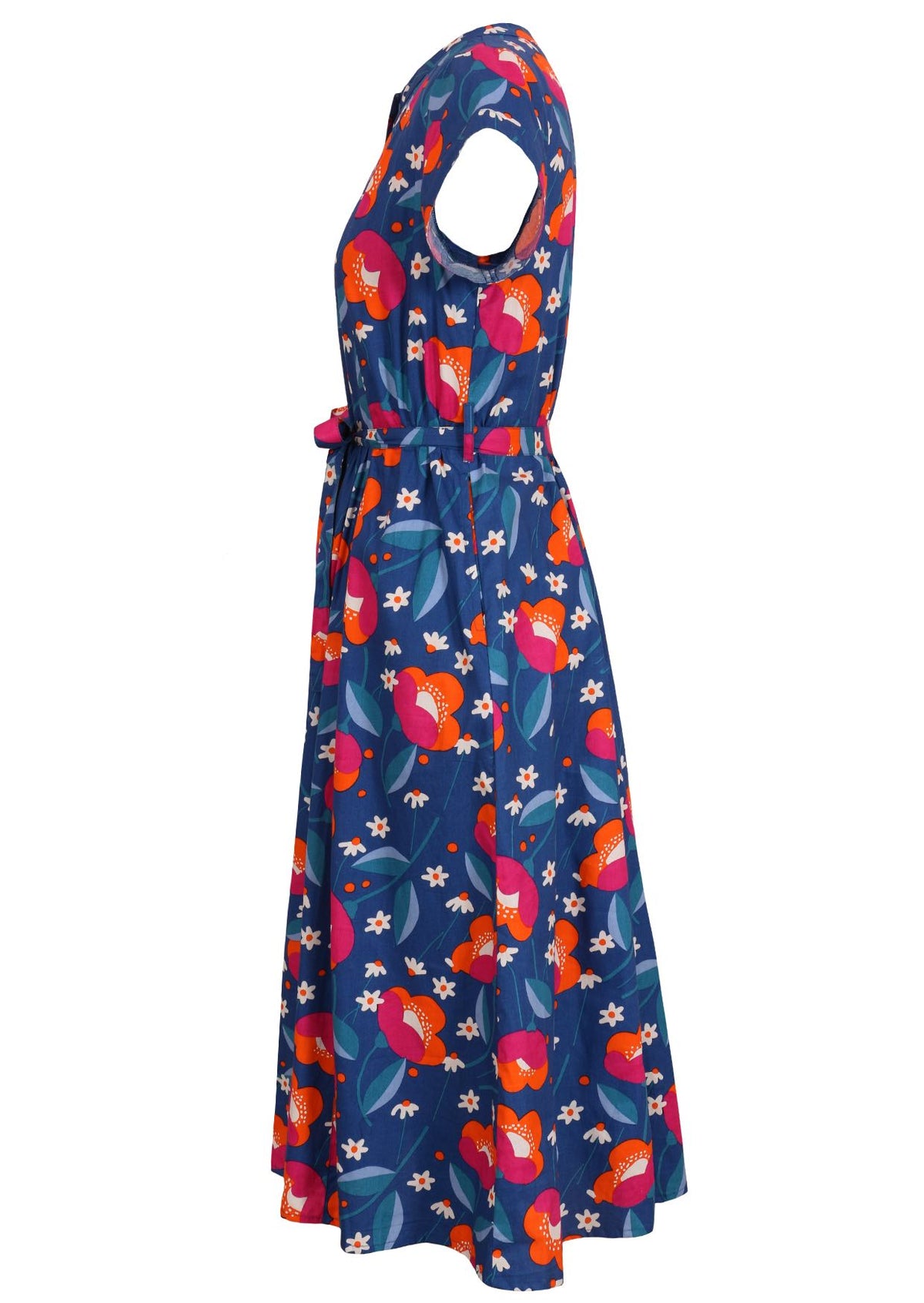 Side view of 50's style cotton button through midi length dress with a waist tie and hidden side pockets