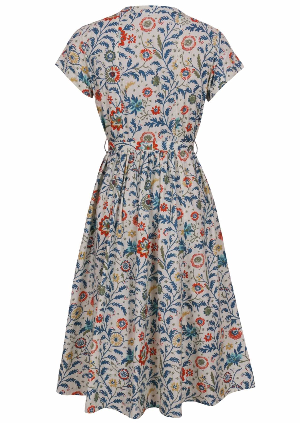 Back view of 50's style cotton midi length dress with a waist tie and cap sleeves