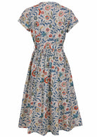 Back view of 50's style cotton midi length dress with a waist tie and cap sleeves