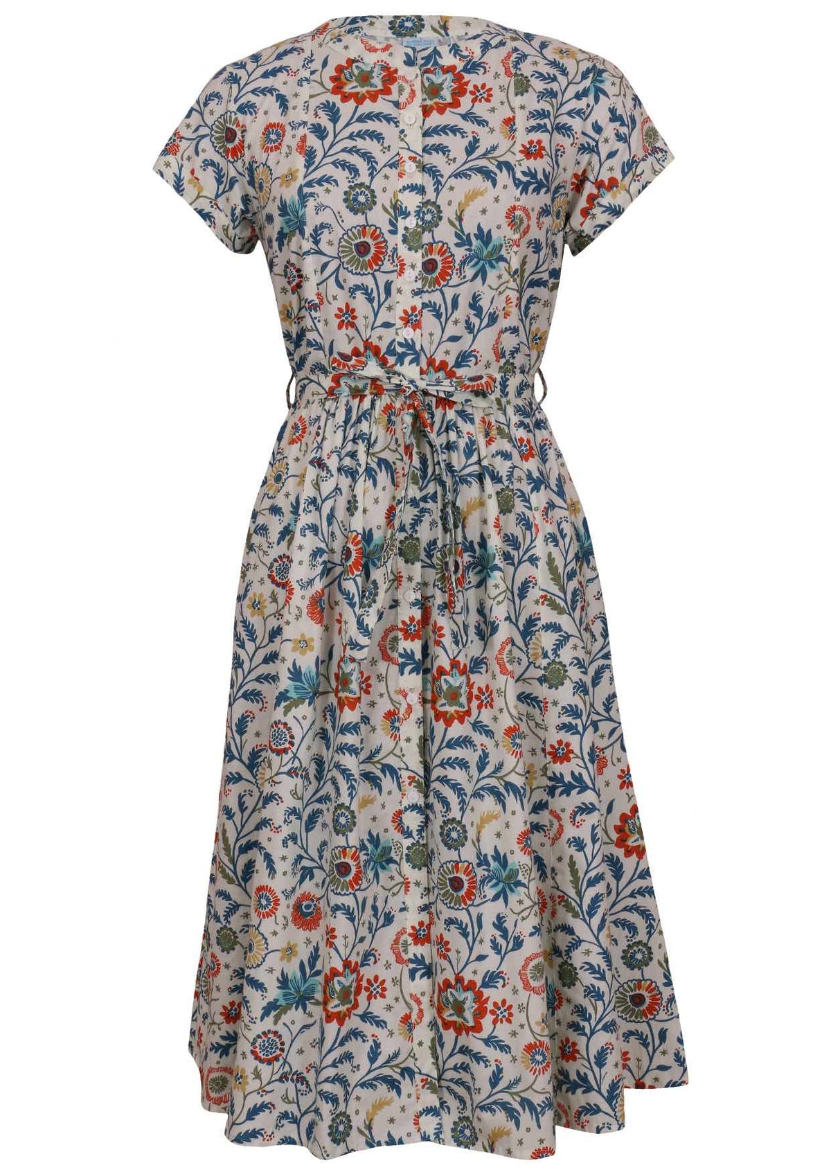 50's style cotton button through midi length dress with a waist tie