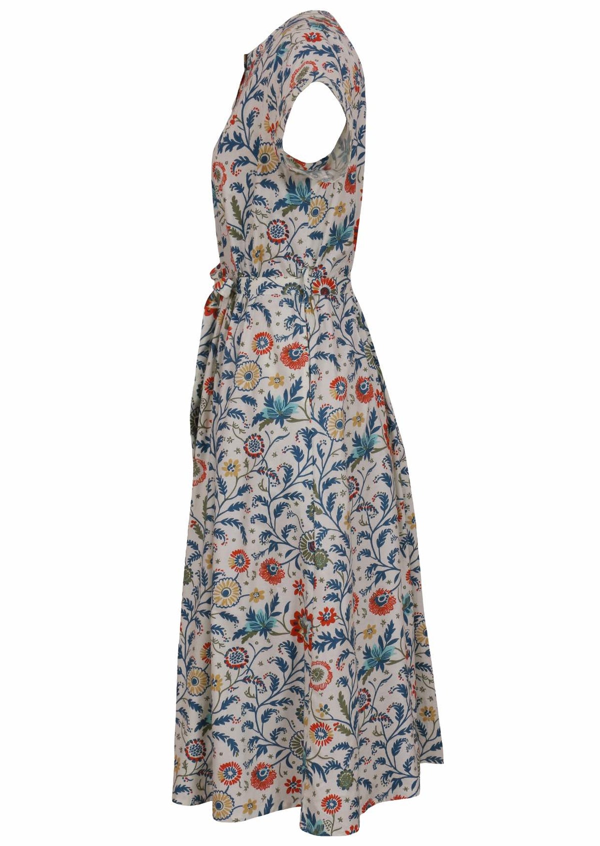 Side view of 50's style cotton button through midi length dress with a waist tie and hidden side pockets