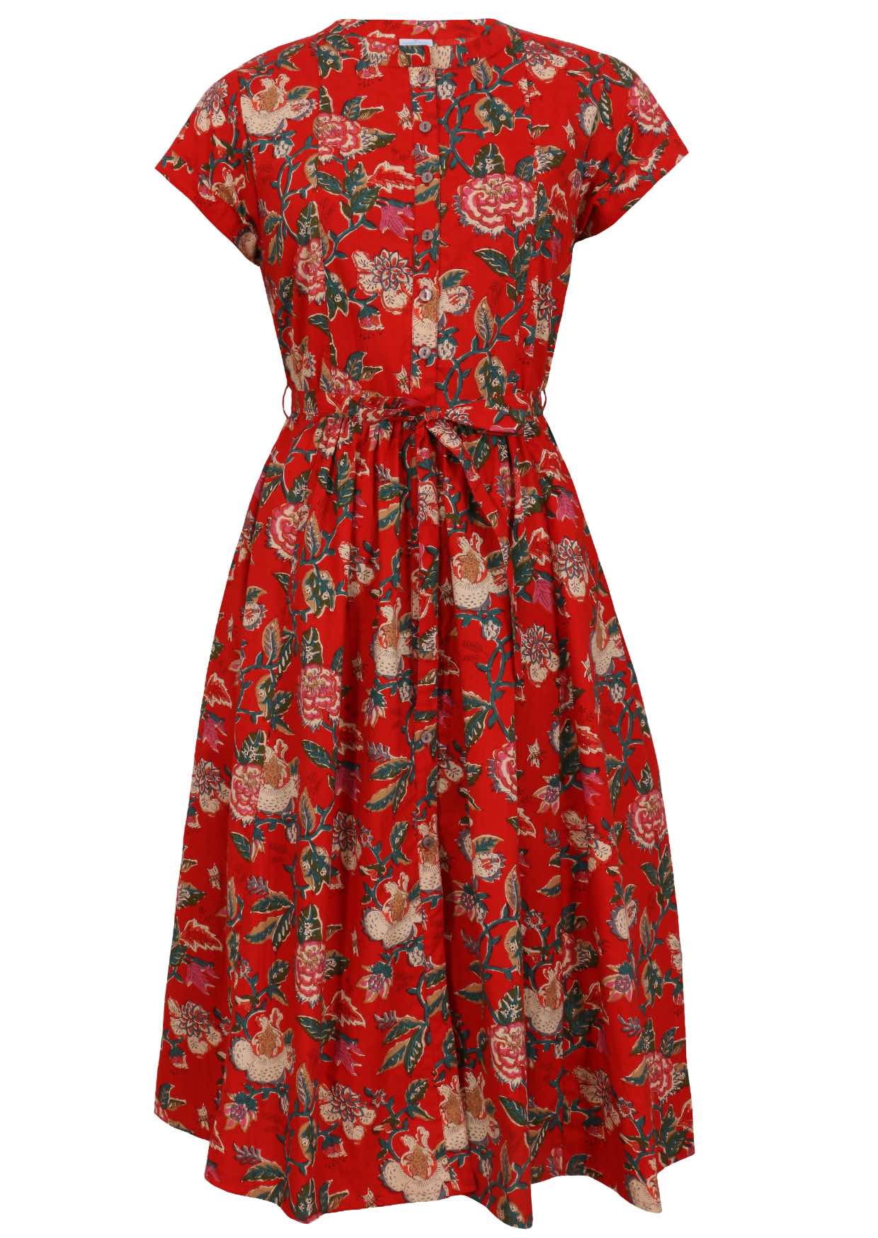50's style cotton button through midi length dress with a waist tie