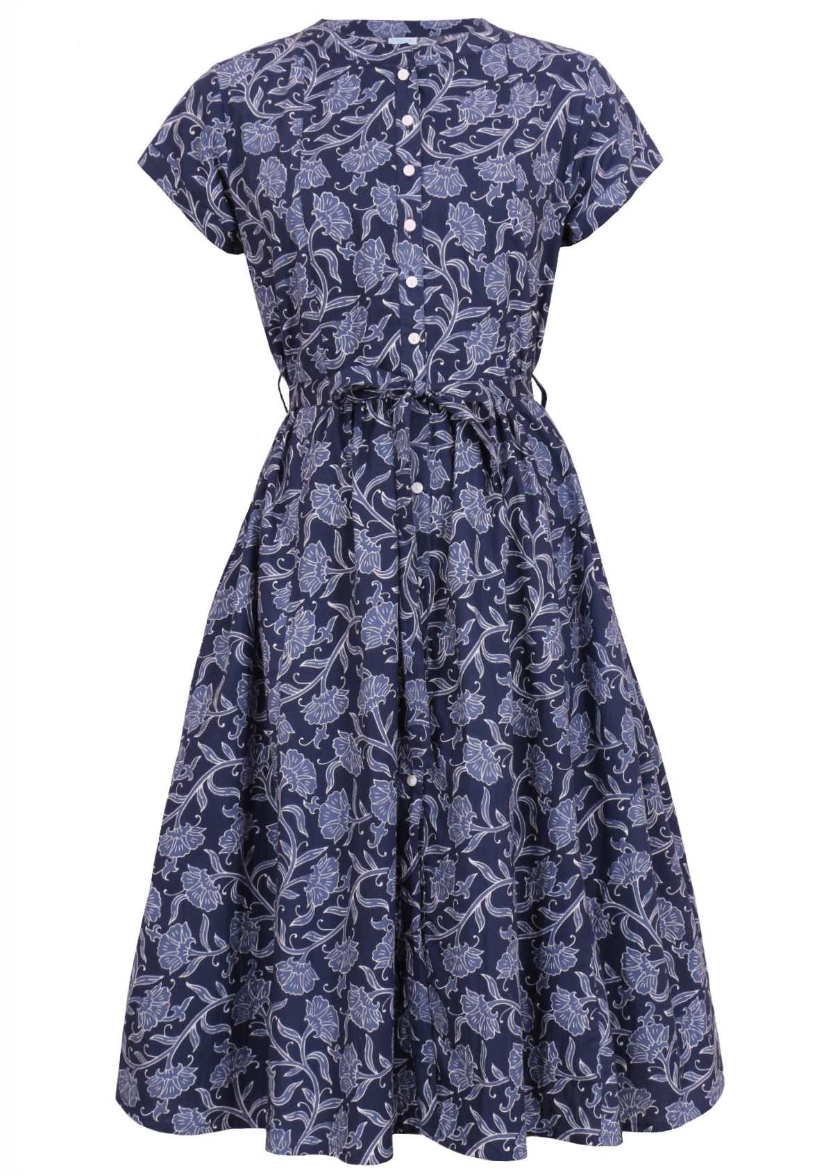 Women's 1950's inspired retro fit and flare dress with shell buttons, waist tie, and pockets 