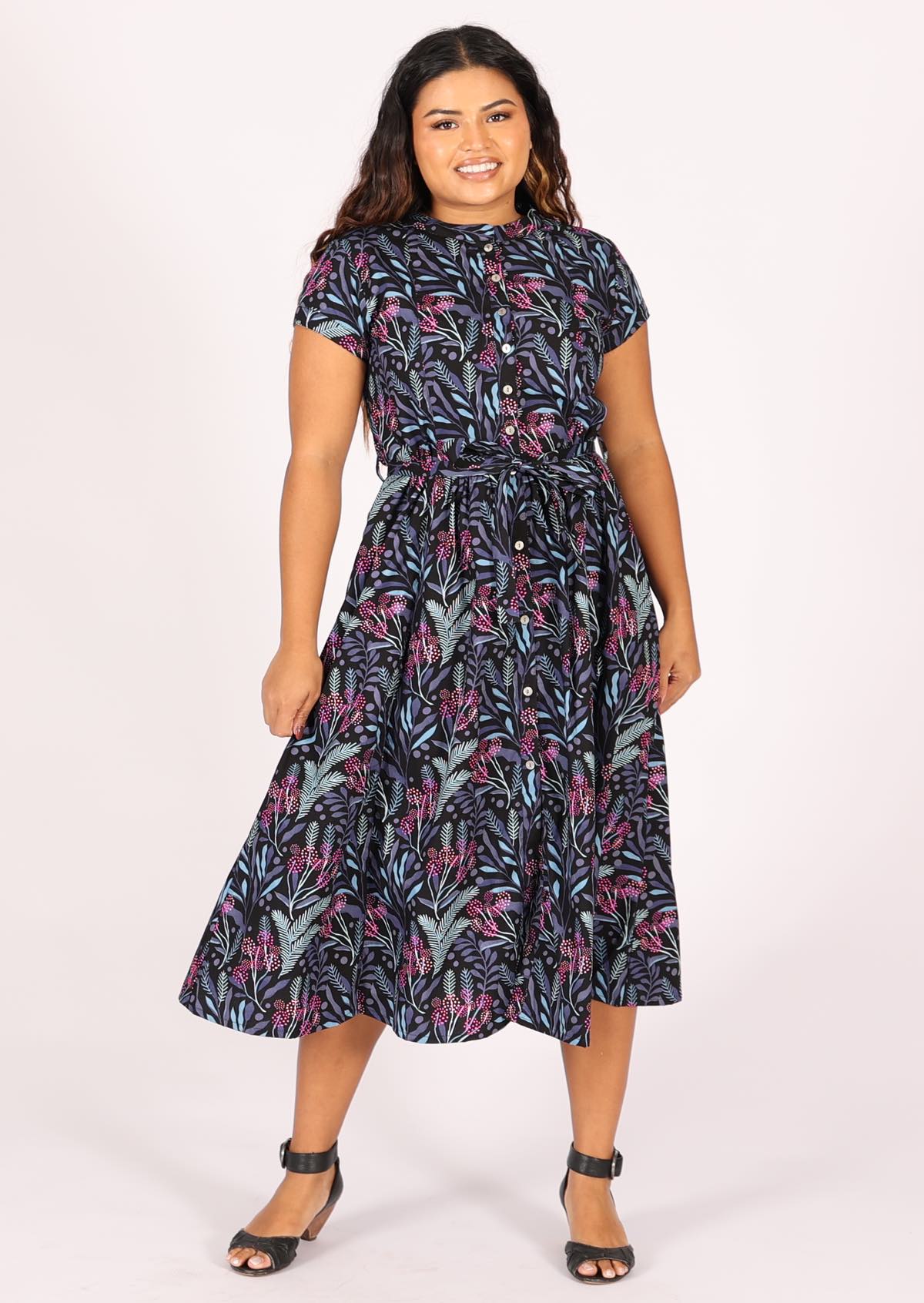Black based botanical print in blues and pinks cotton retro dress