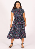 Black based botanical print in blues and pinks cotton retro dress