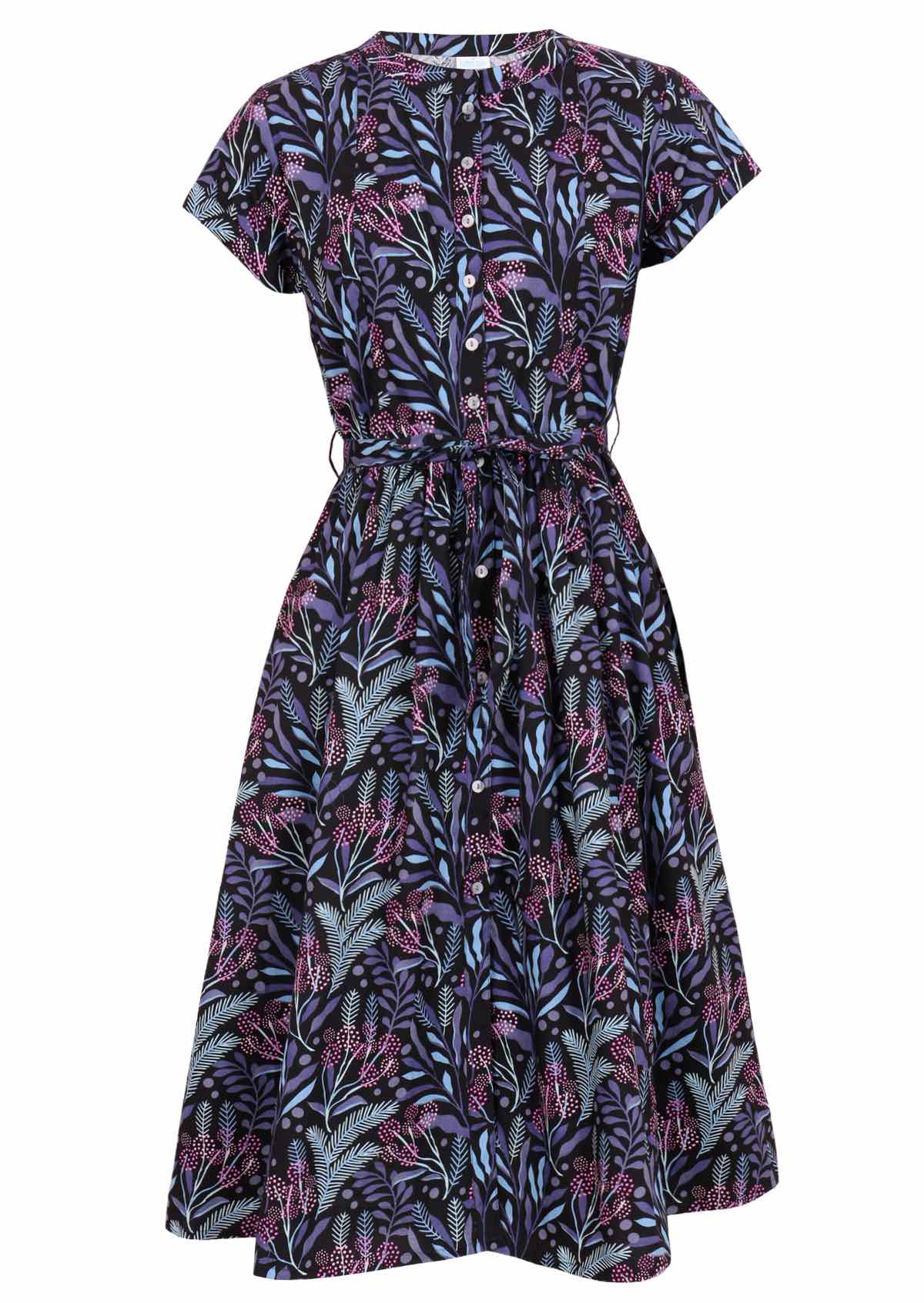 Cotton retro dress with cap sleeves and waist tie